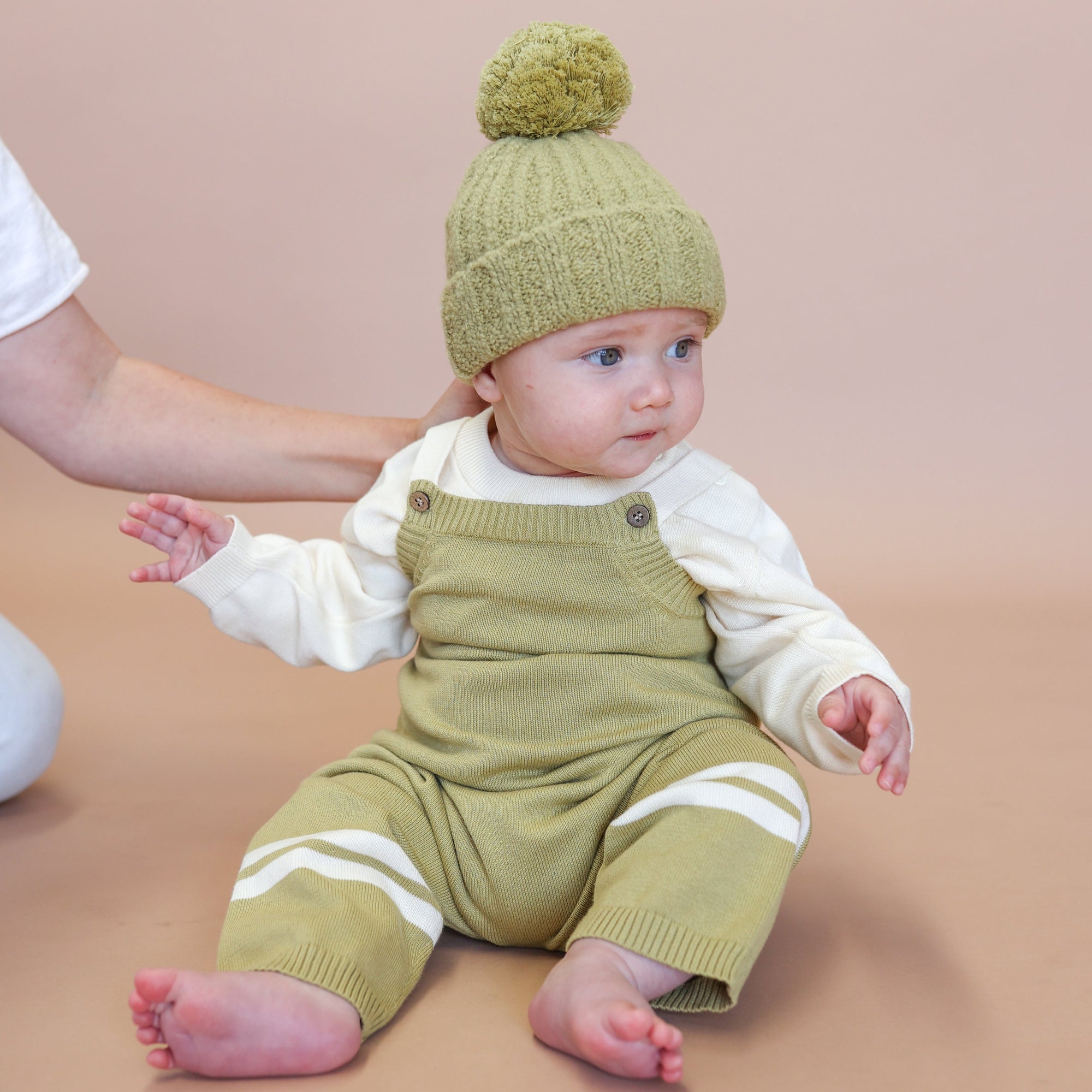 GROWN KNITTED STRIPE OVERALLS: SAGE