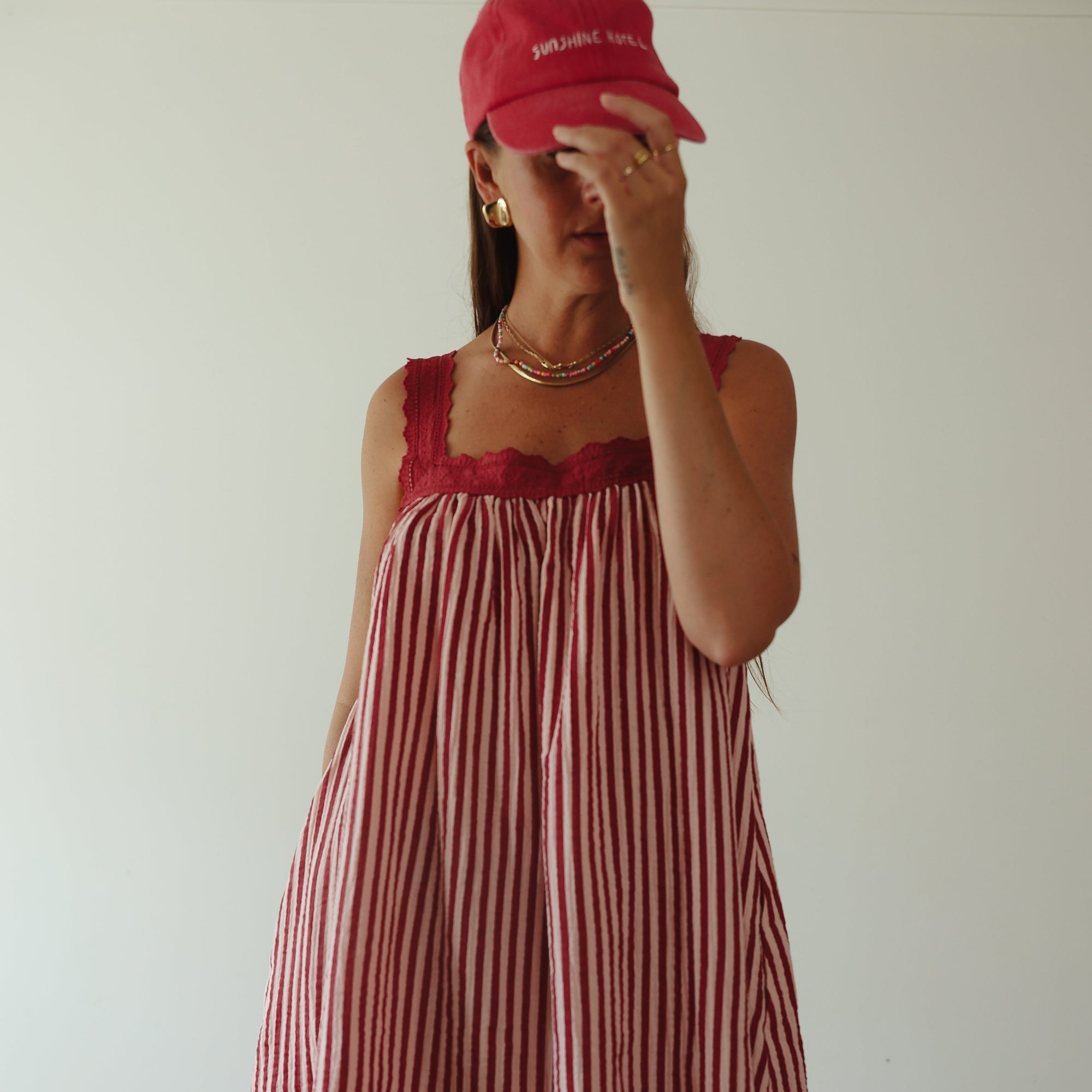 ALAKAI JUNO LACE NECK MINI DRESS: WINE & PINK STRIPE