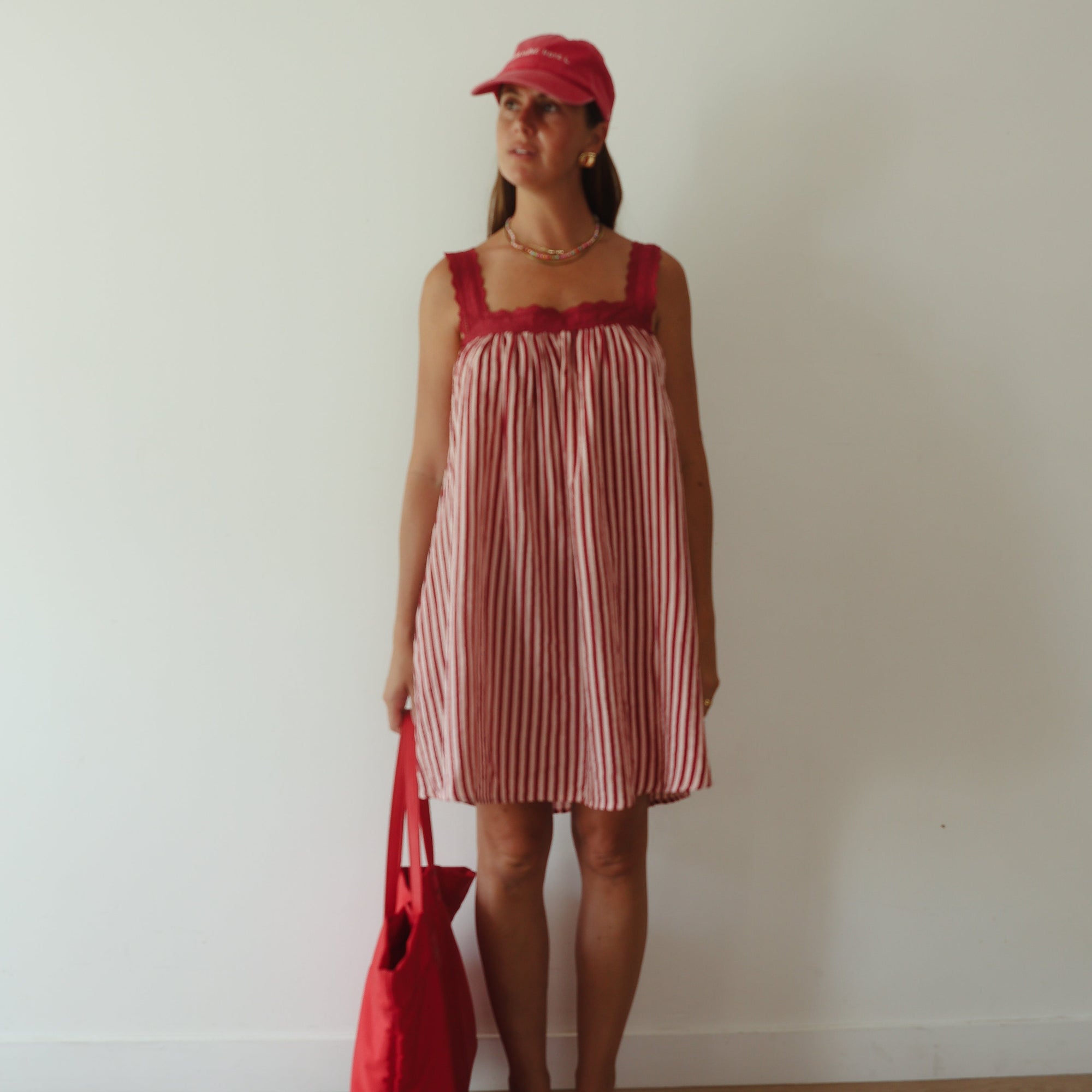 ALAKAI JUNO LACE NECK MINI DRESS: WINE & PINK STRIPE