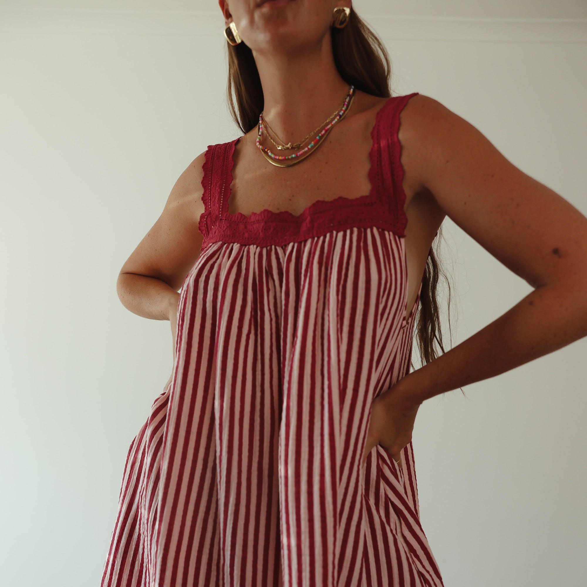 ALAKAI JUNO LACE NECK MINI DRESS: WINE & PINK STRIPE