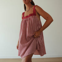 ALAKAI JUNO LACE NECK MINI DRESS: WINE & PINK STRIPE