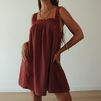 ALAKAI JUNO LACE NECK MINI DRESS: CHOC / BABY BLUE POLKA DOT