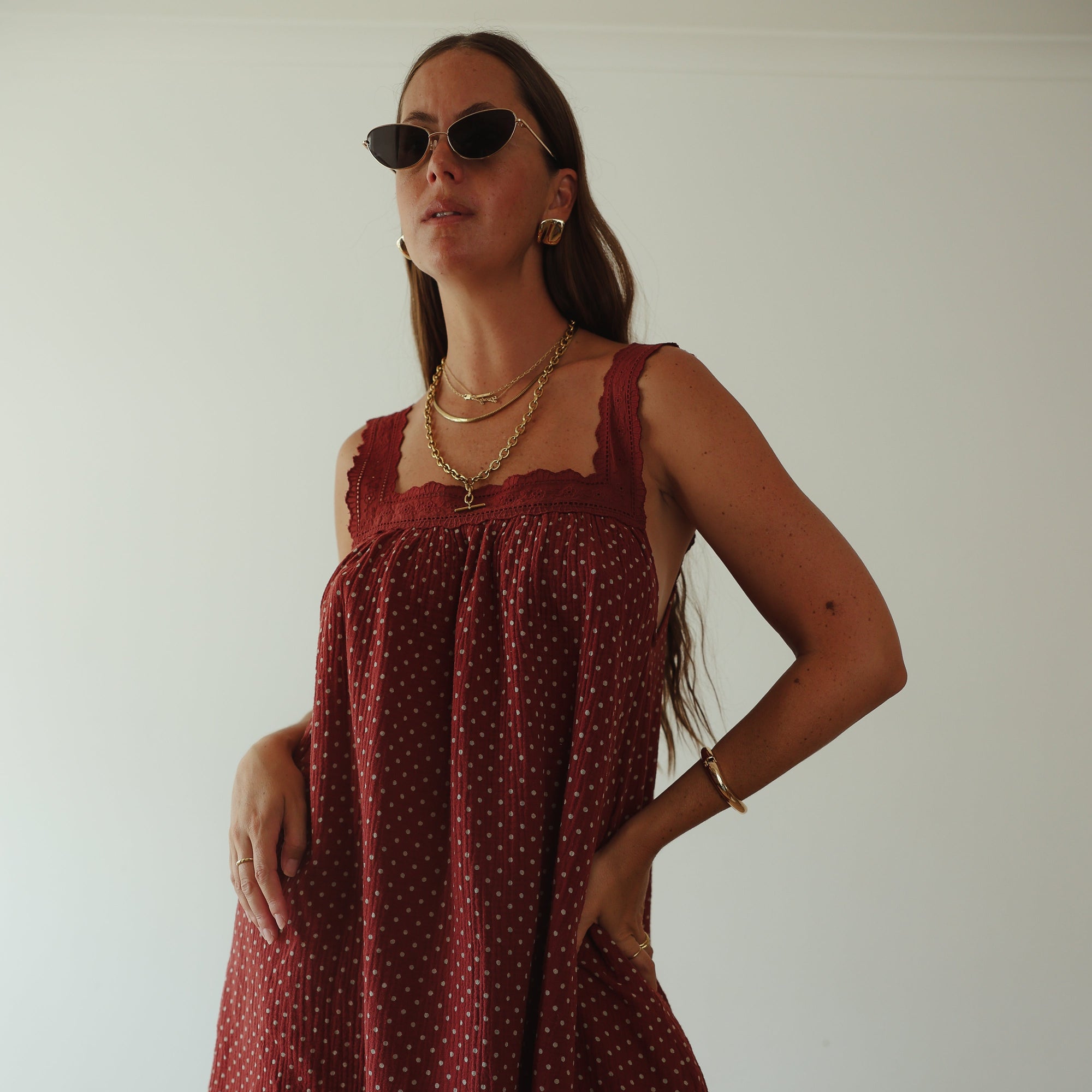 ALAKAI JUNO LACE NECK MINI DRESS: CHOC / BABY BLUE POLKA DOT