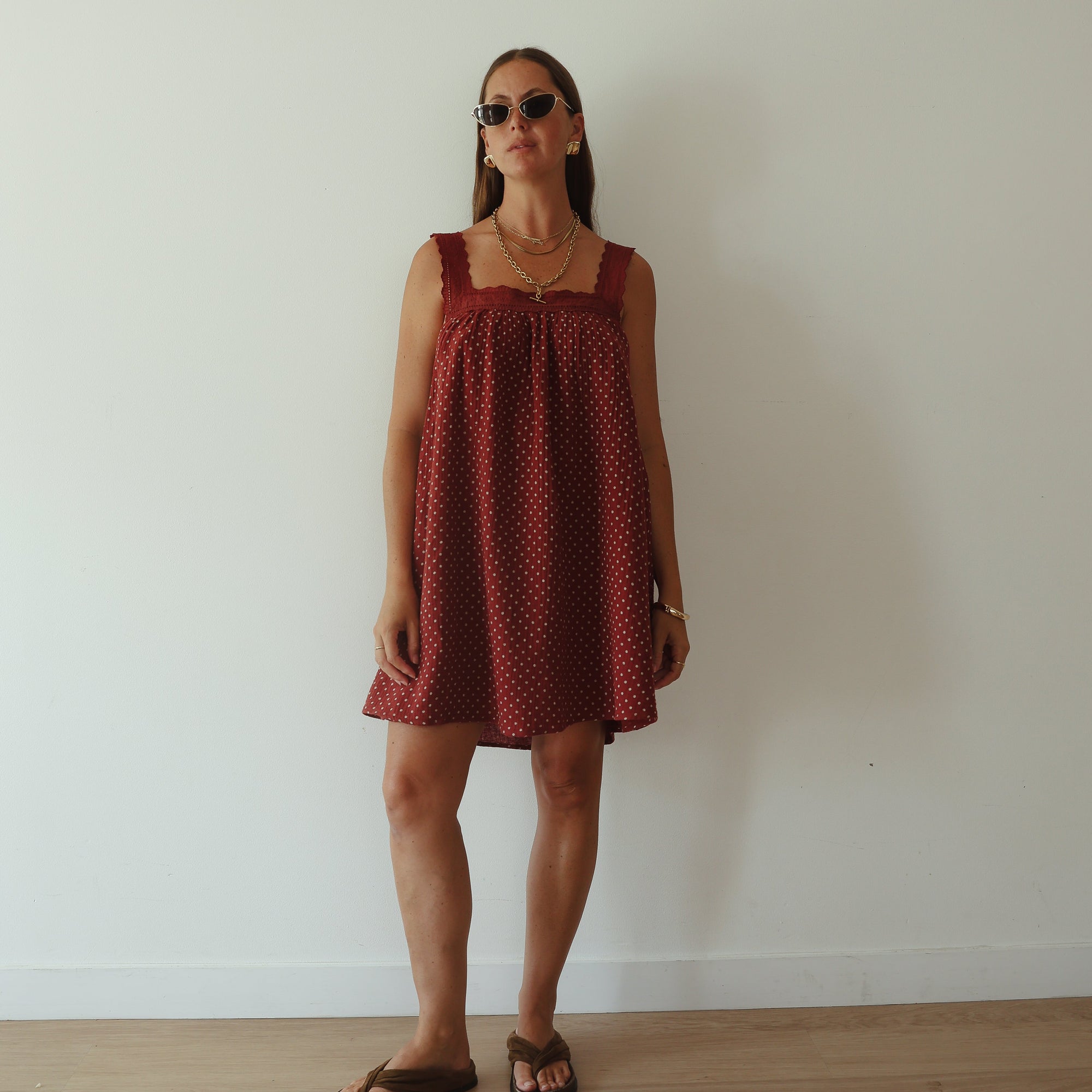 ALAKAI JUNO LACE NECK MINI DRESS: CHOC / BABY BLUE POLKA DOT