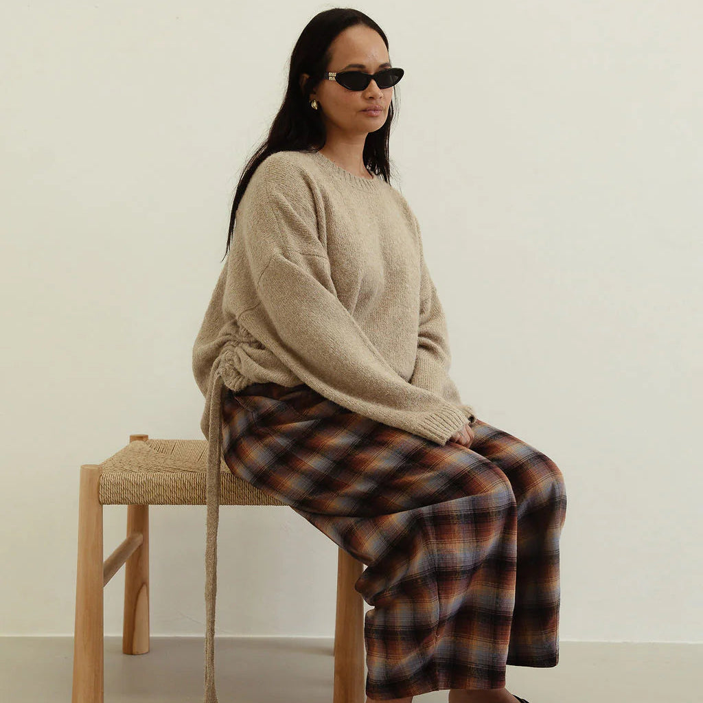 BY BILLIE VALI CHECK PANT: BROWN/ BLUE CHECK