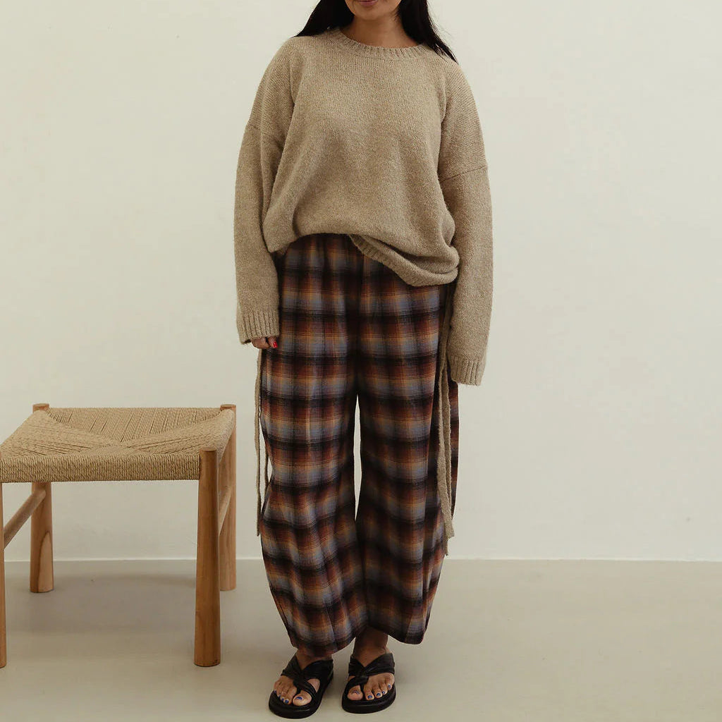 BY BILLIE VALI CHECK PANT: BROWN/ BLUE CHECK
