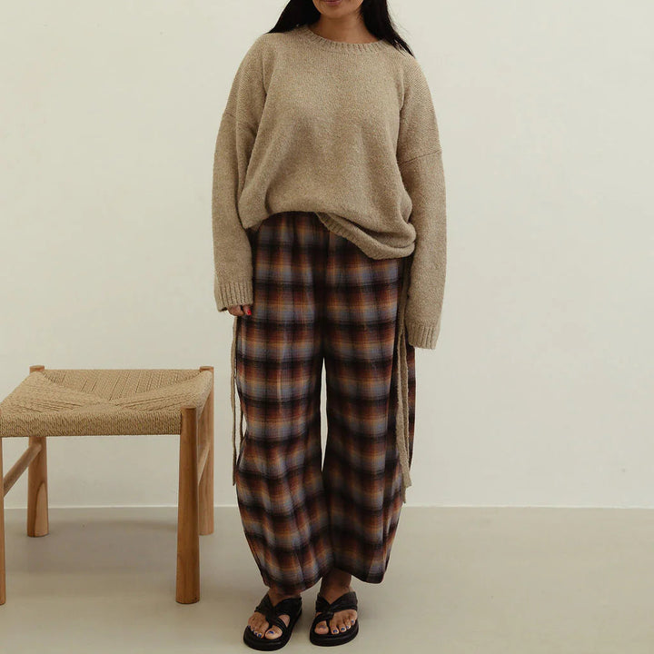 BY BILLIE VALI CHECK PANT: BROWN/ BLUE CHECK