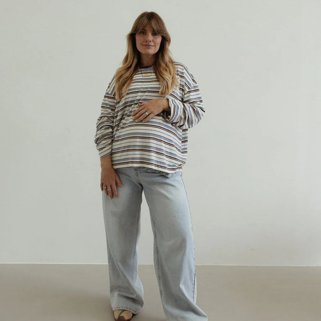 BY BILLIE STRIPE OVERSIZED L/S TEE: WHITE/ BLUE/ BROWN