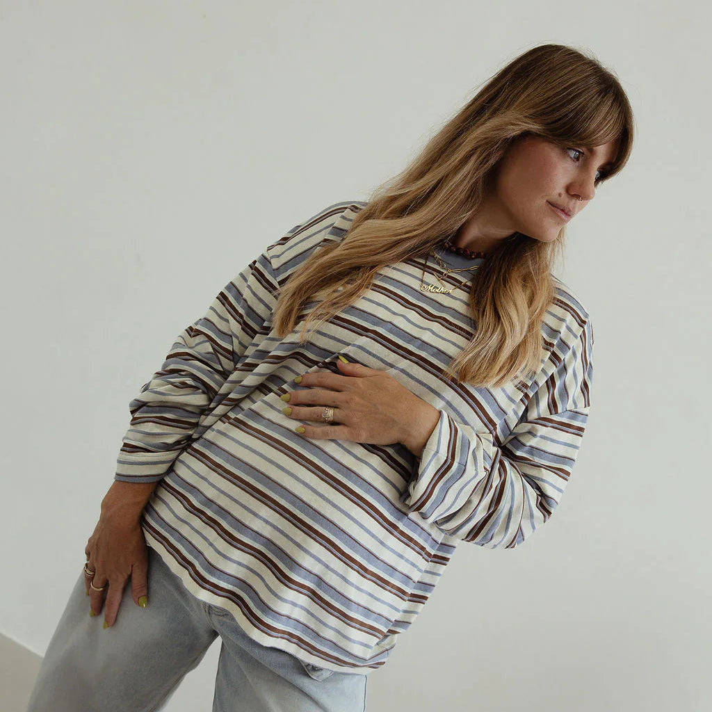 BY BILLIE STRIPE OVERSIZED L/S TEE: WHITE/ BLUE/ BROWN