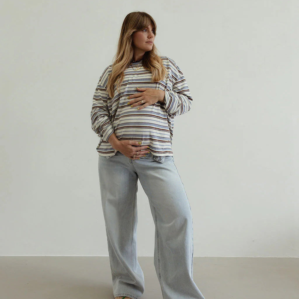 BY BILLIE STRIPE OVERSIZED L/S TEE: WHITE/ BLUE/ BROWN