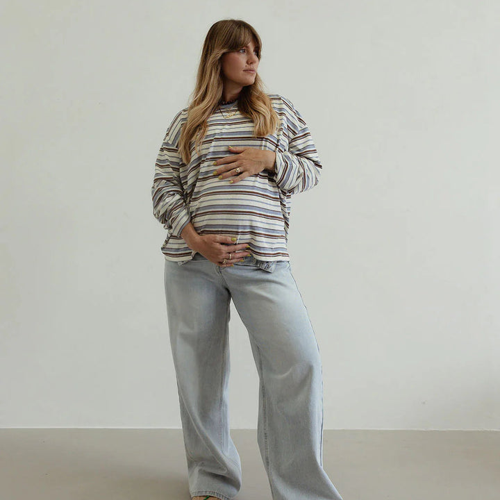 BY BILLIE STRIPE OVERSIZED L/S TEE: WHITE/ BLUE/ BROWN