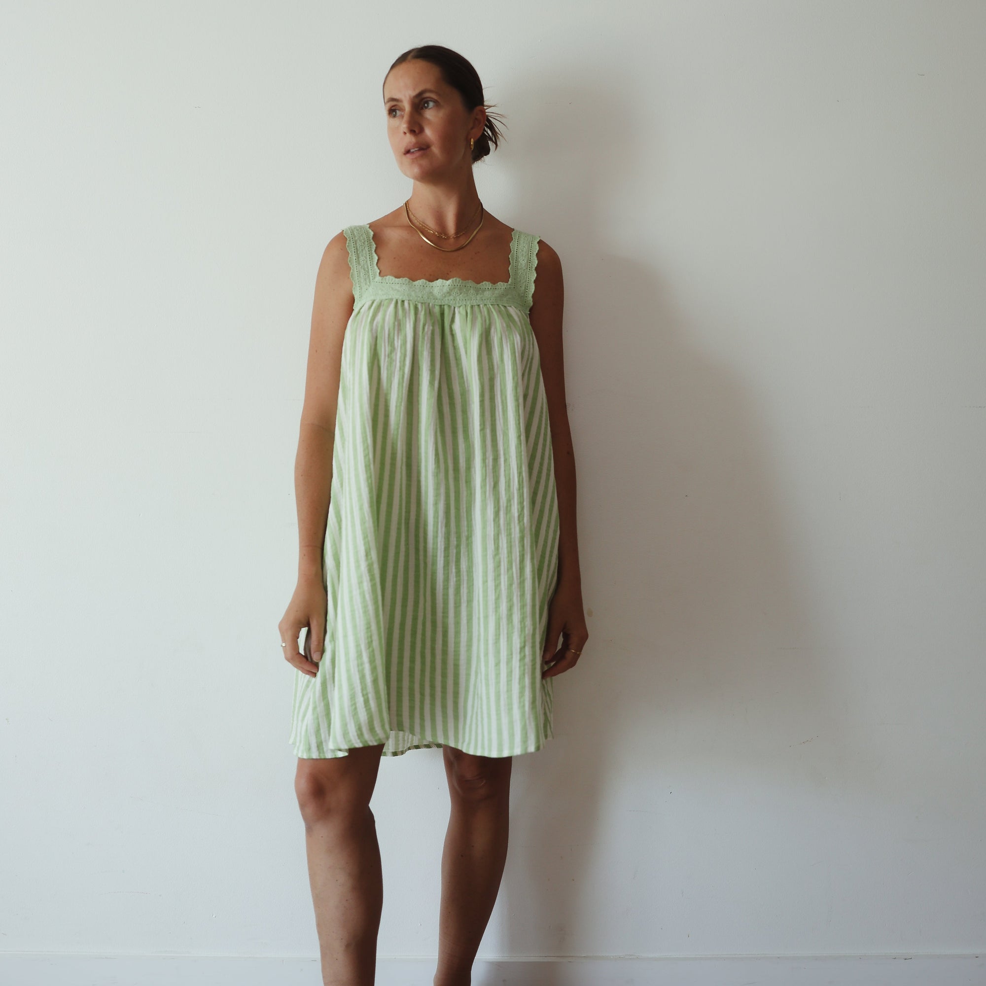 ALAKAI JUNO LACE NECK MINI DRESS: GREEN STRIPE