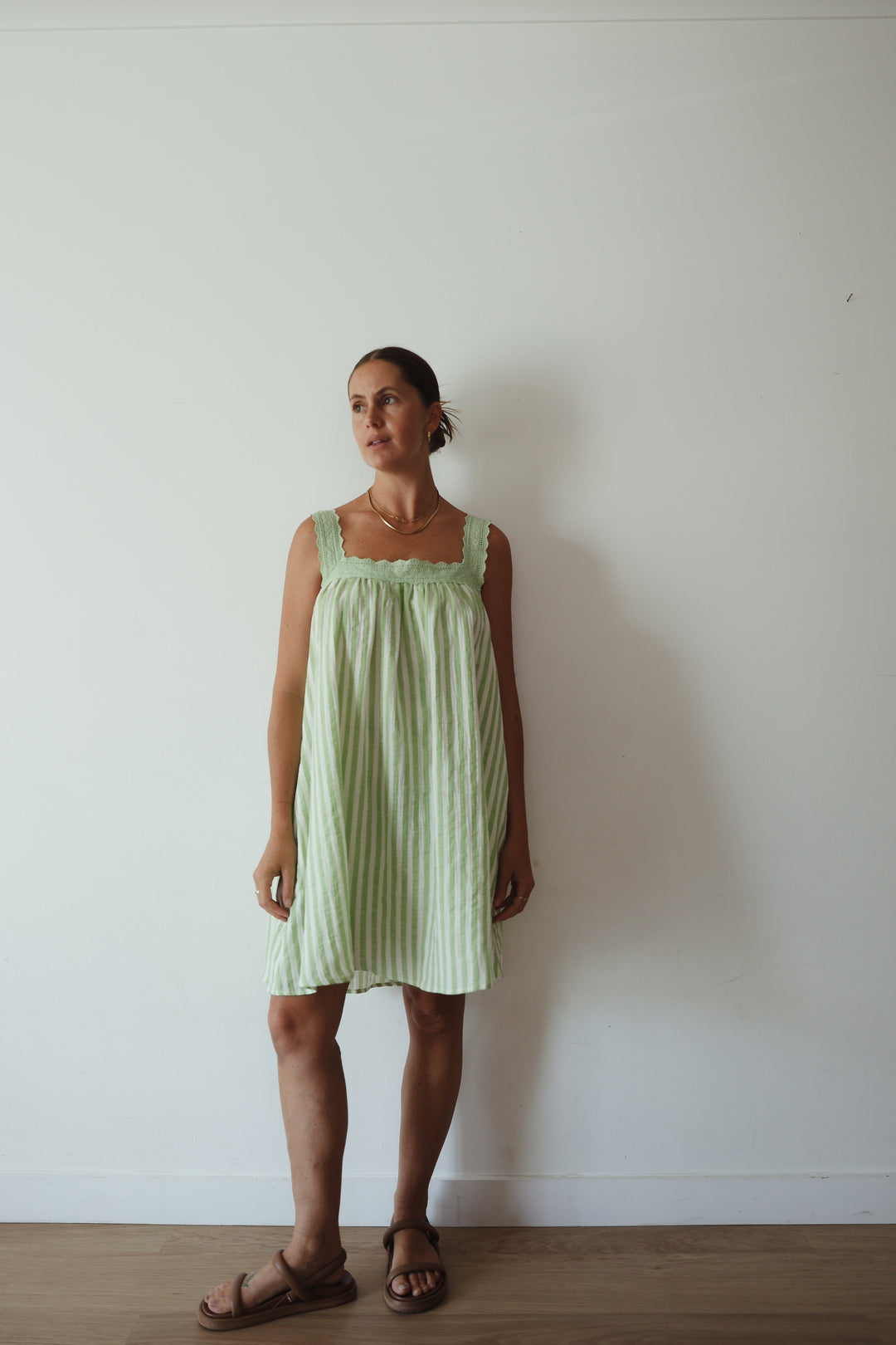 ALAKAI JUNO LACE NECK MINI DRESS: EMERALD STRIPE 4