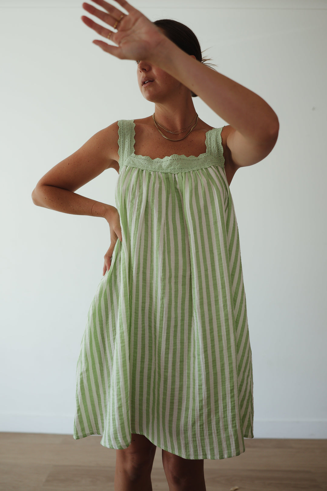 ALAKAI JUNO LACE NECK MINI DRESS: EMERALD STRIPE 5