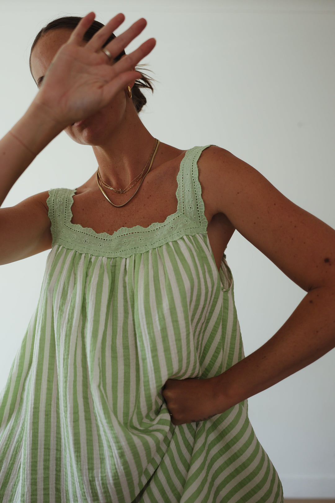 ALAKAI JUNO LACE NECK MINI DRESS: EMERALD STRIPE 6