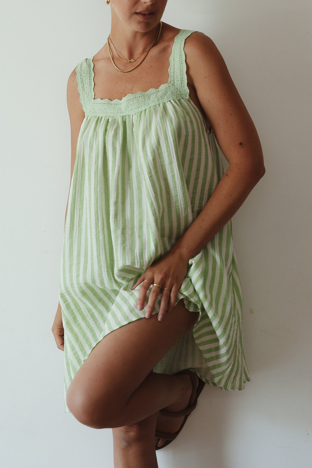 ALAKAI JUNO LACE NECK MINI DRESS: EMERALD STRIPE 3