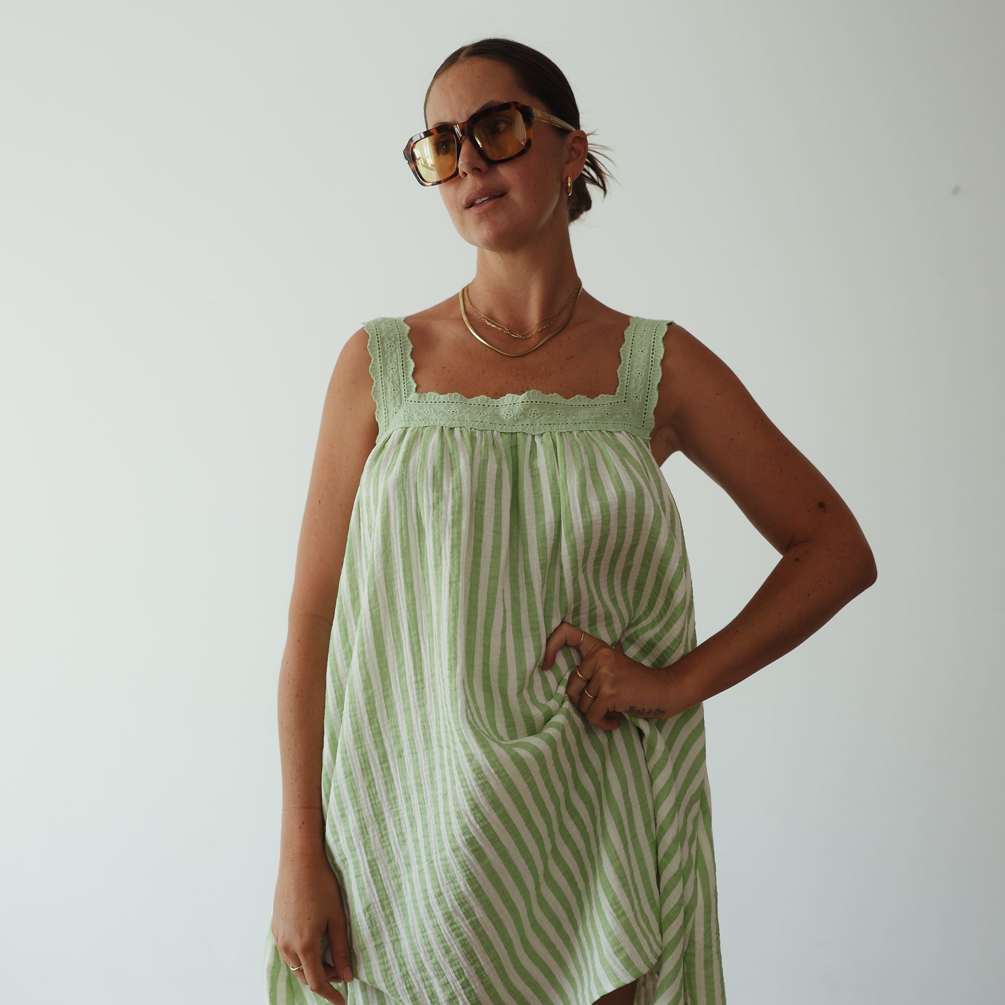 ALAKAI JUNO LACE NECK MINI DRESS: GREEN STRIPE