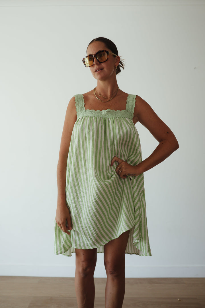ALAKAI JUNO LACE NECK MINI DRESS: EMERALD STRIPE 1