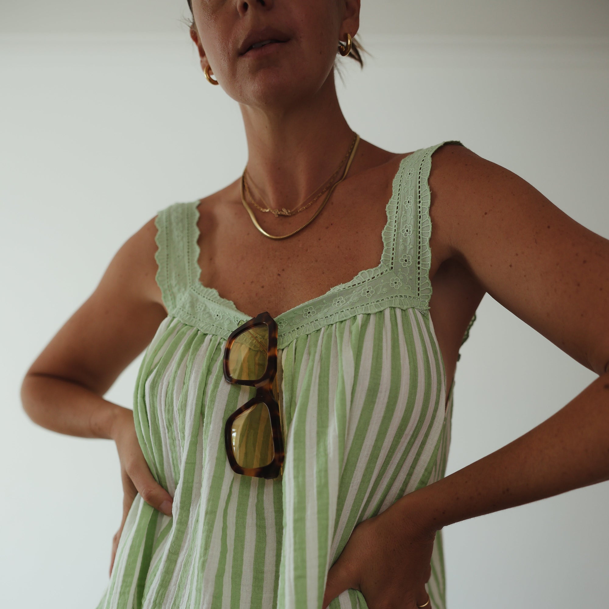 ALAKAI JUNO LACE NECK MINI DRESS: GREEN STRIPE