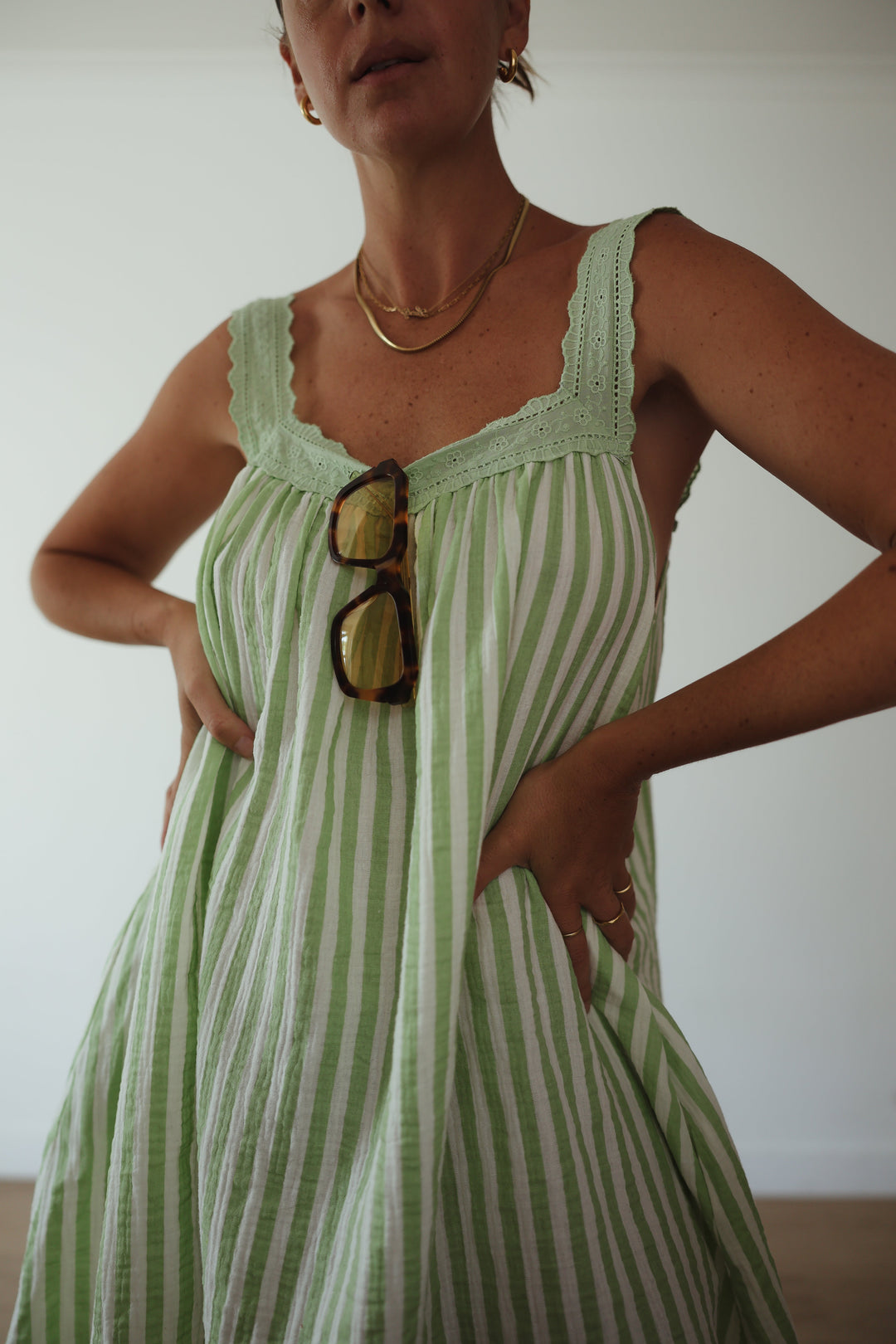 ALAKAI JUNO LACE NECK MINI DRESS: EMERALD STRIPE 7