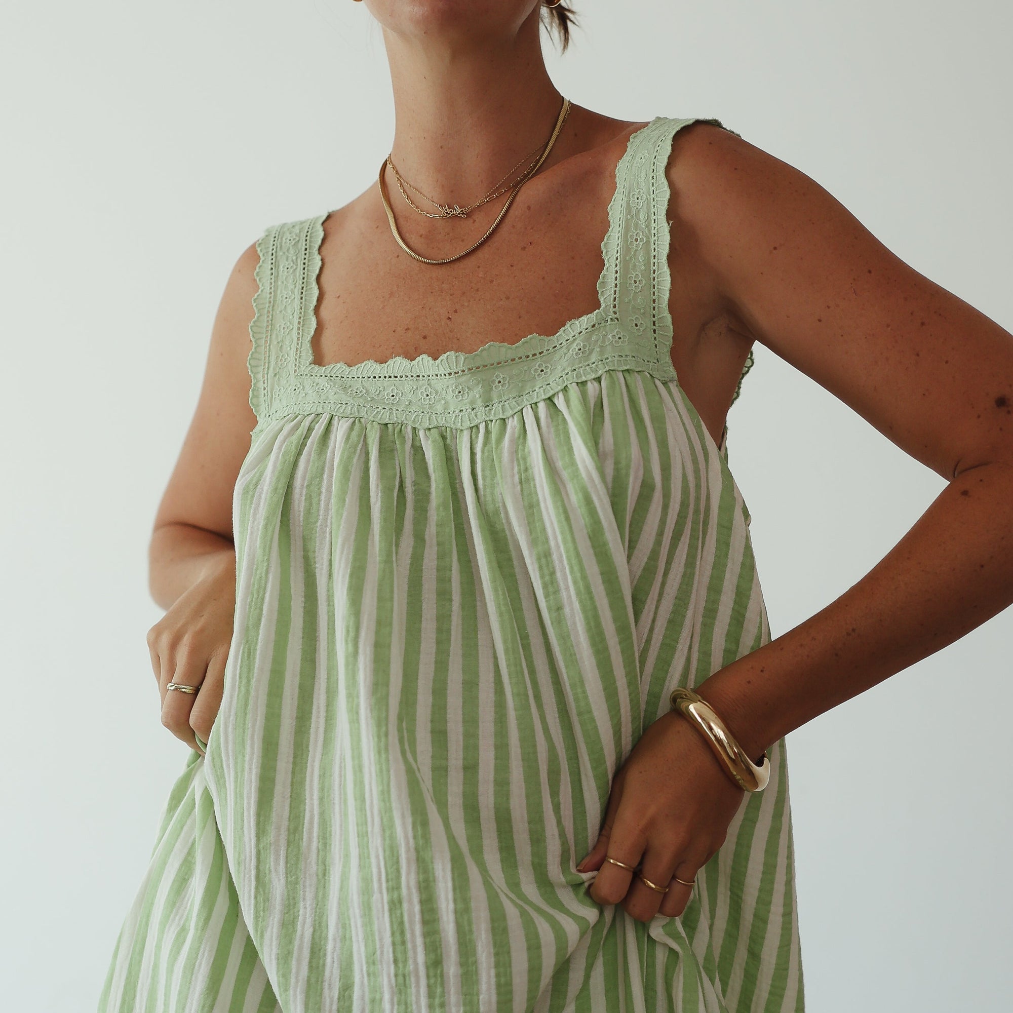 ALAKAI JUNO LACE NECK SLIP DRESS: GREEN STRIPE