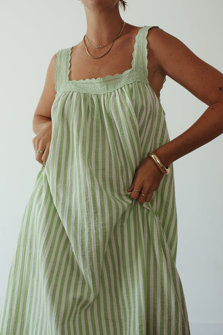 Alakai Juno Lace Neck Slip Dress, emerald stripe