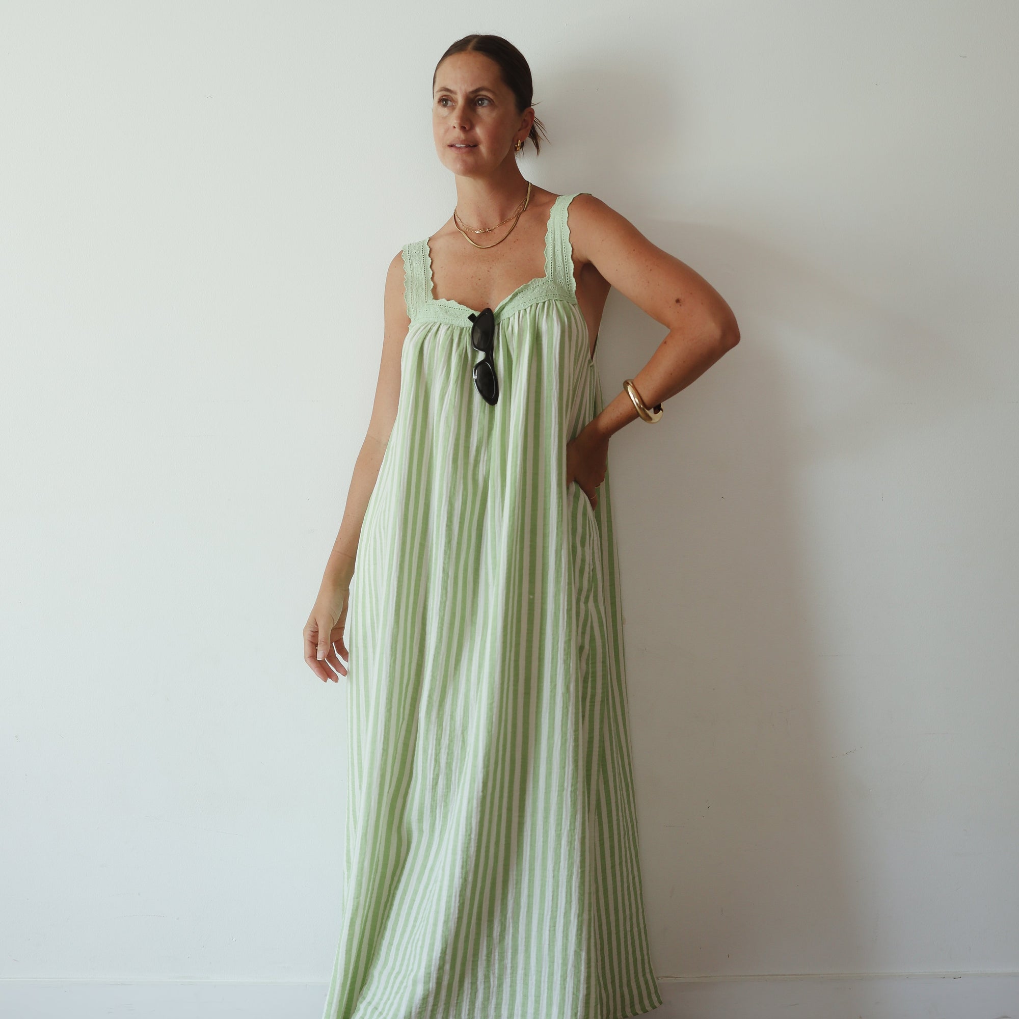 ALAKAI JUNO LACE NECK SLIP DRESS: GREEN STRIPE