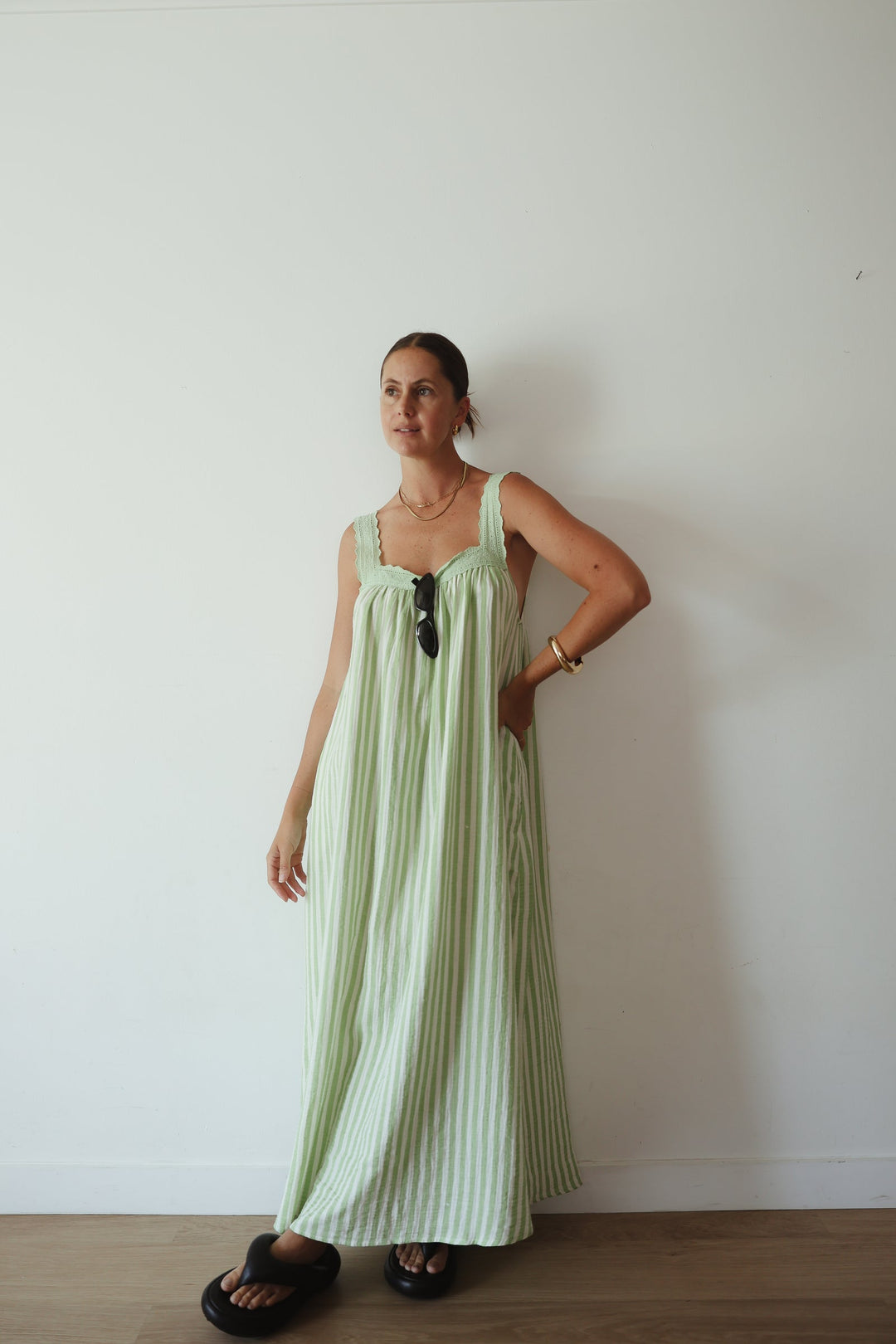 Alakai Juno Lace Neck Slip Dress, emerald stripe