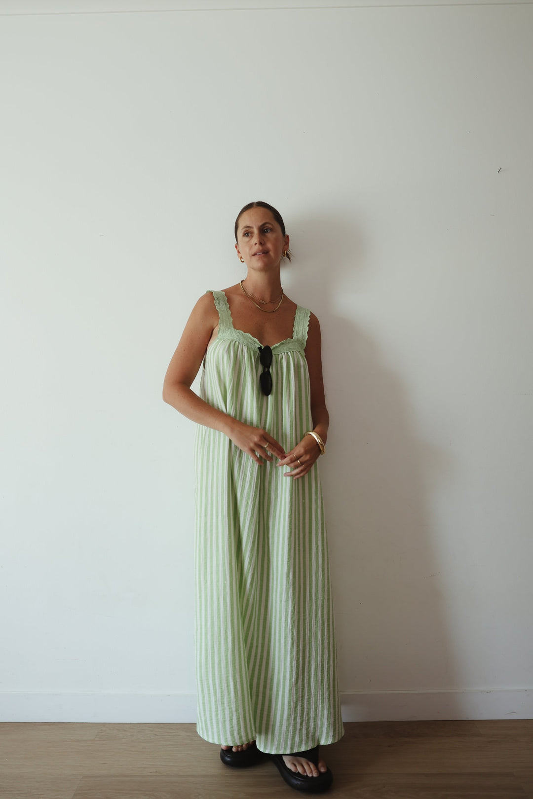 Alakai Juno Lace Neck Slip Dress, emerald stripe