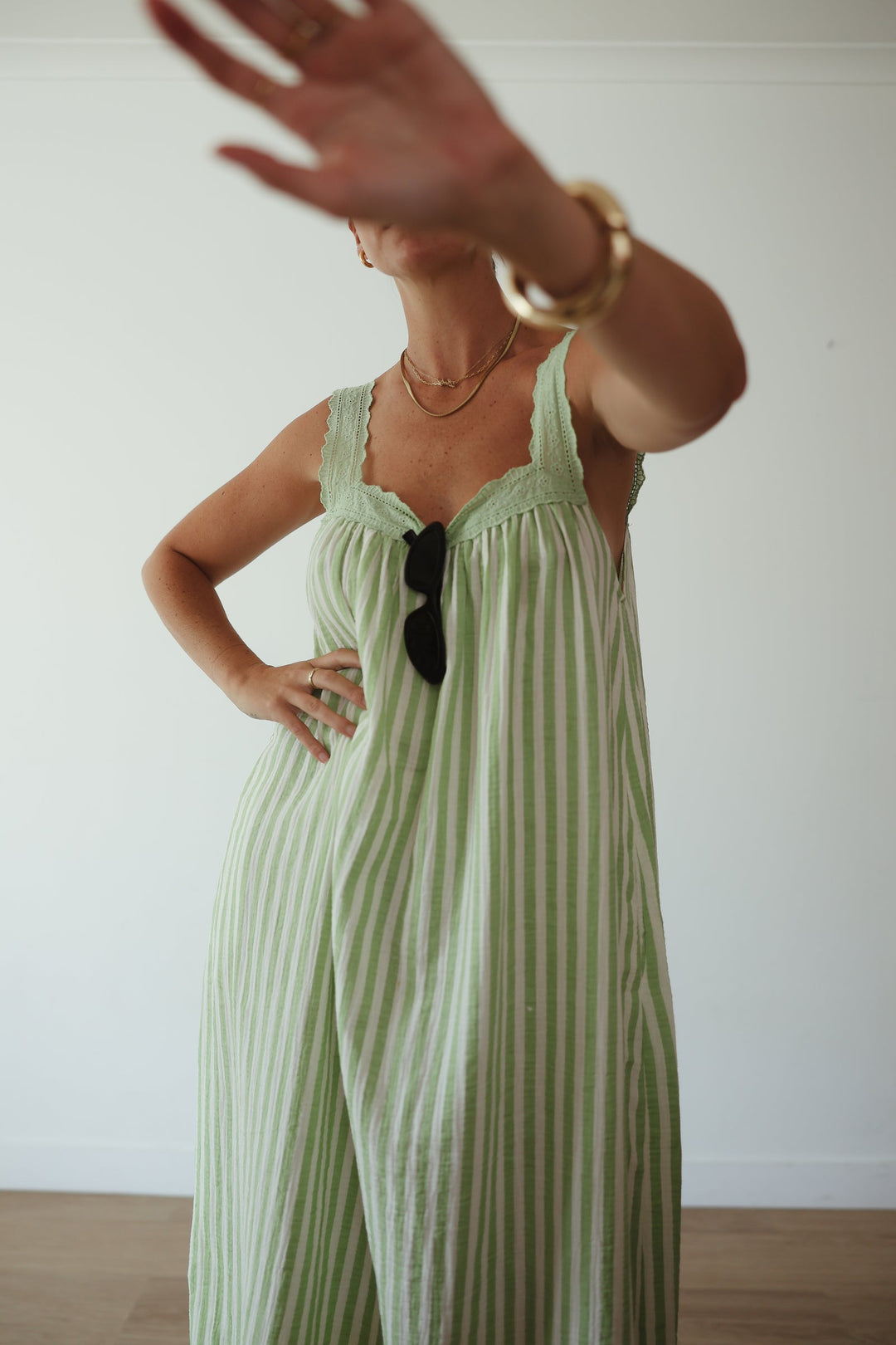 Alakai Juno Lace Neck Slip Dress, emerald stripe