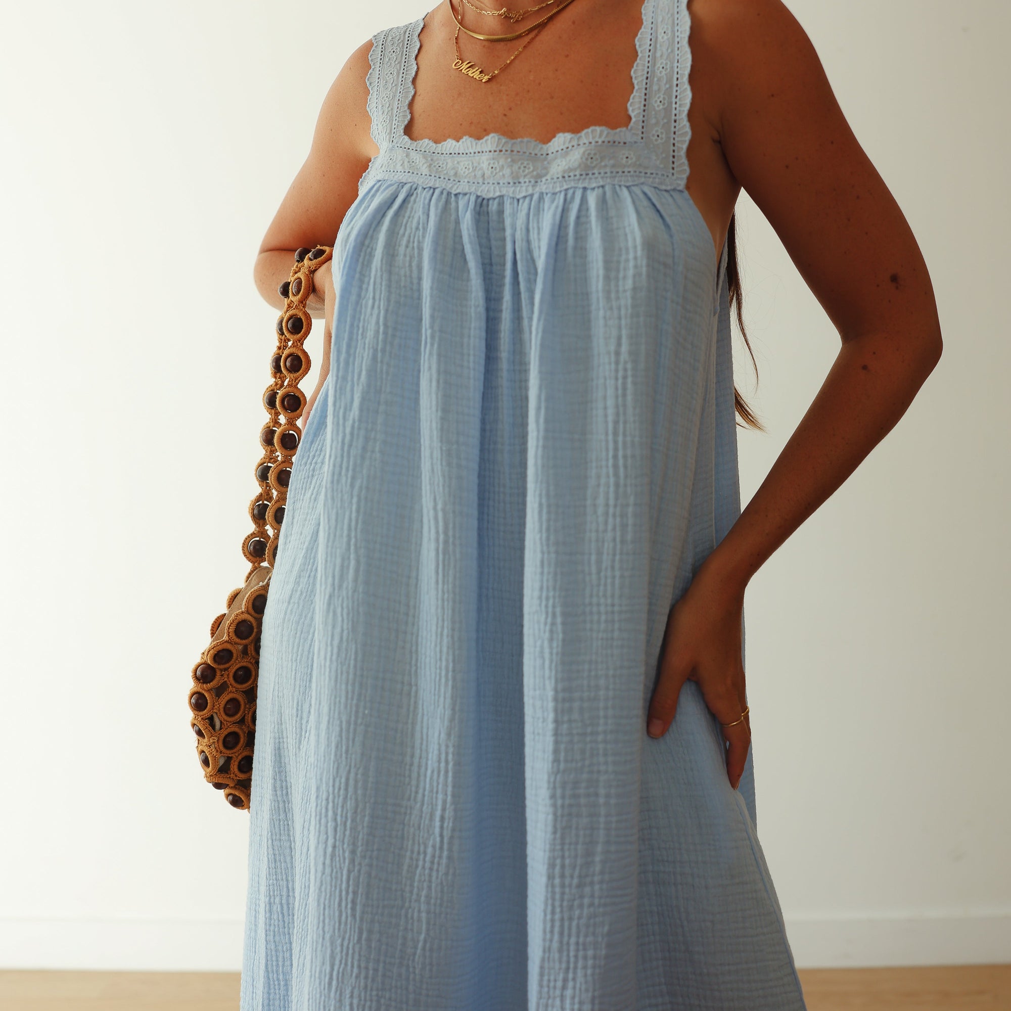 ALAKAI JUNO LACE NECK SLIP DRESS: BABY BLUE