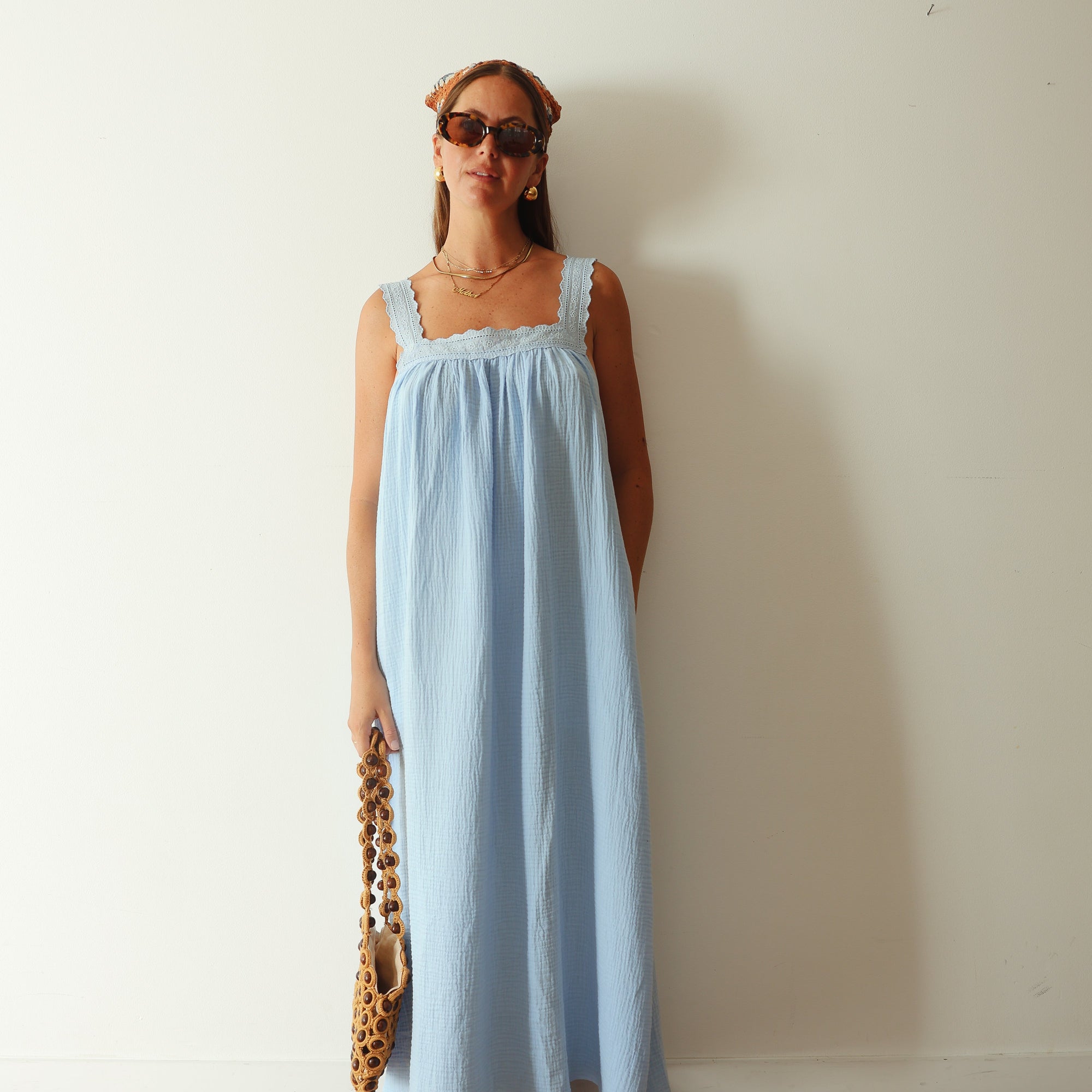 ALAKAI JUNO LACE NECK SLIP DRESS: BABY BLUE