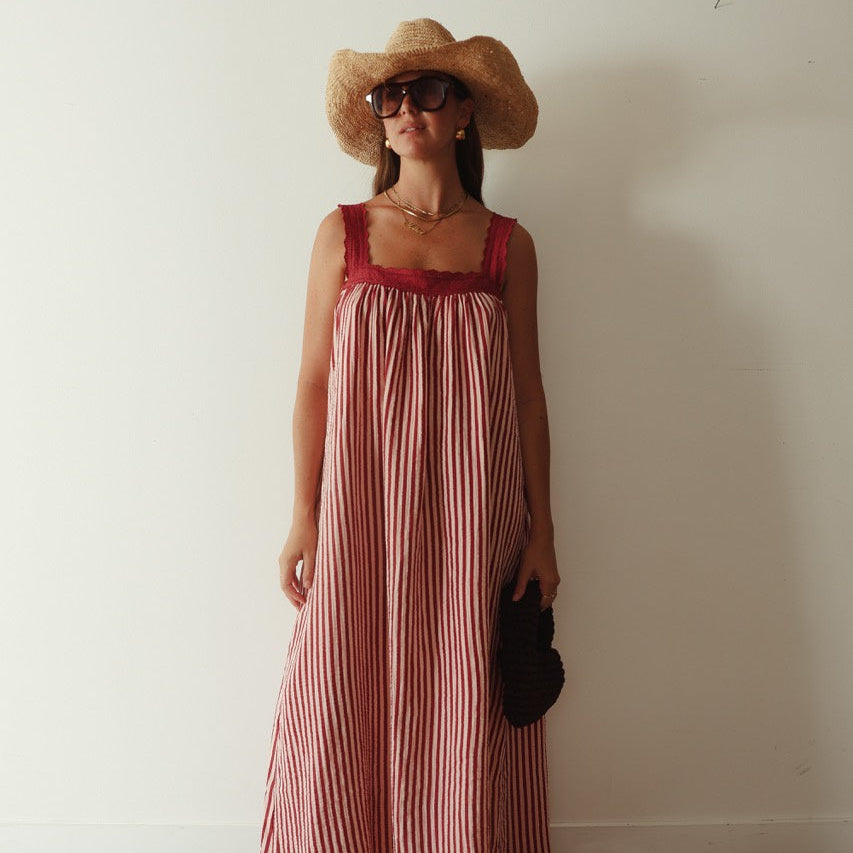 ALAKAI JUNO LACE NECK SLIP DRESS: WINE & PINK STRIPE