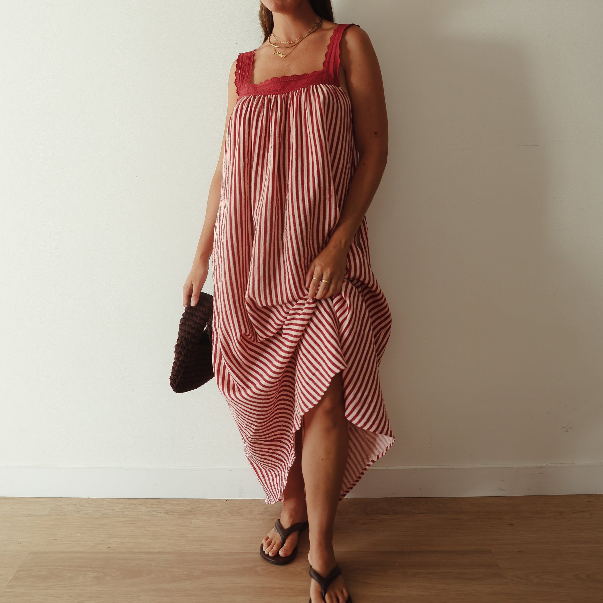 ALAKAI JUNO LACE NECK SLIP DRESS: WINE & PINK STRIPE