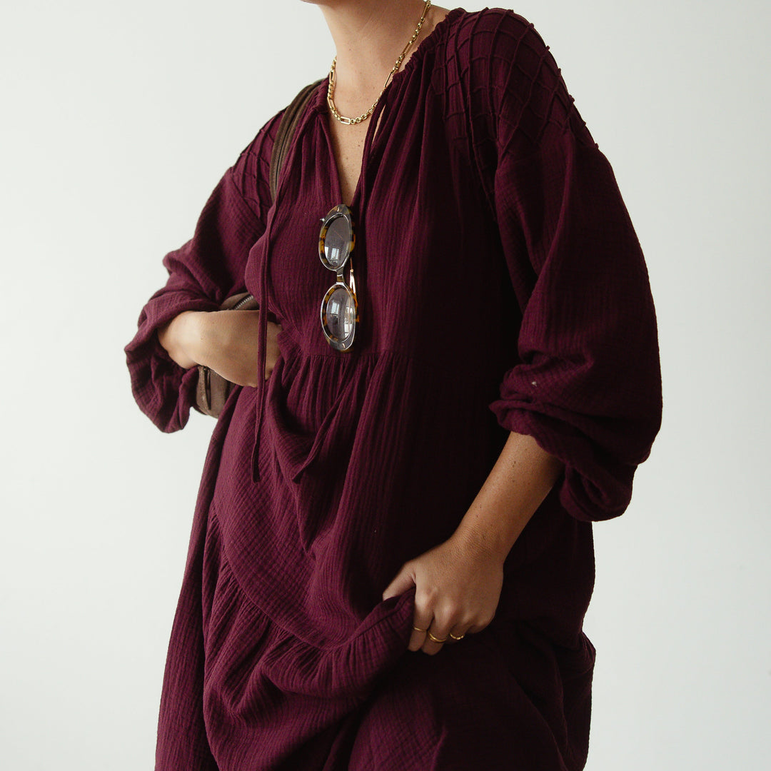 ALAKAI THE DAWN MIDI DRESS: BURGUNDY