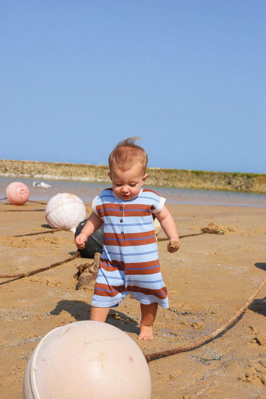 GROWN ORGANIC KNITTED CLUB STRIPE BUTTON-UP ROMPER, BUBBLE