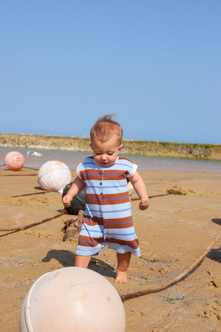 GROWN ORGANIC KNITTED CLUB STRIPE BUTTON-UP ROMPER, BUBBLE
