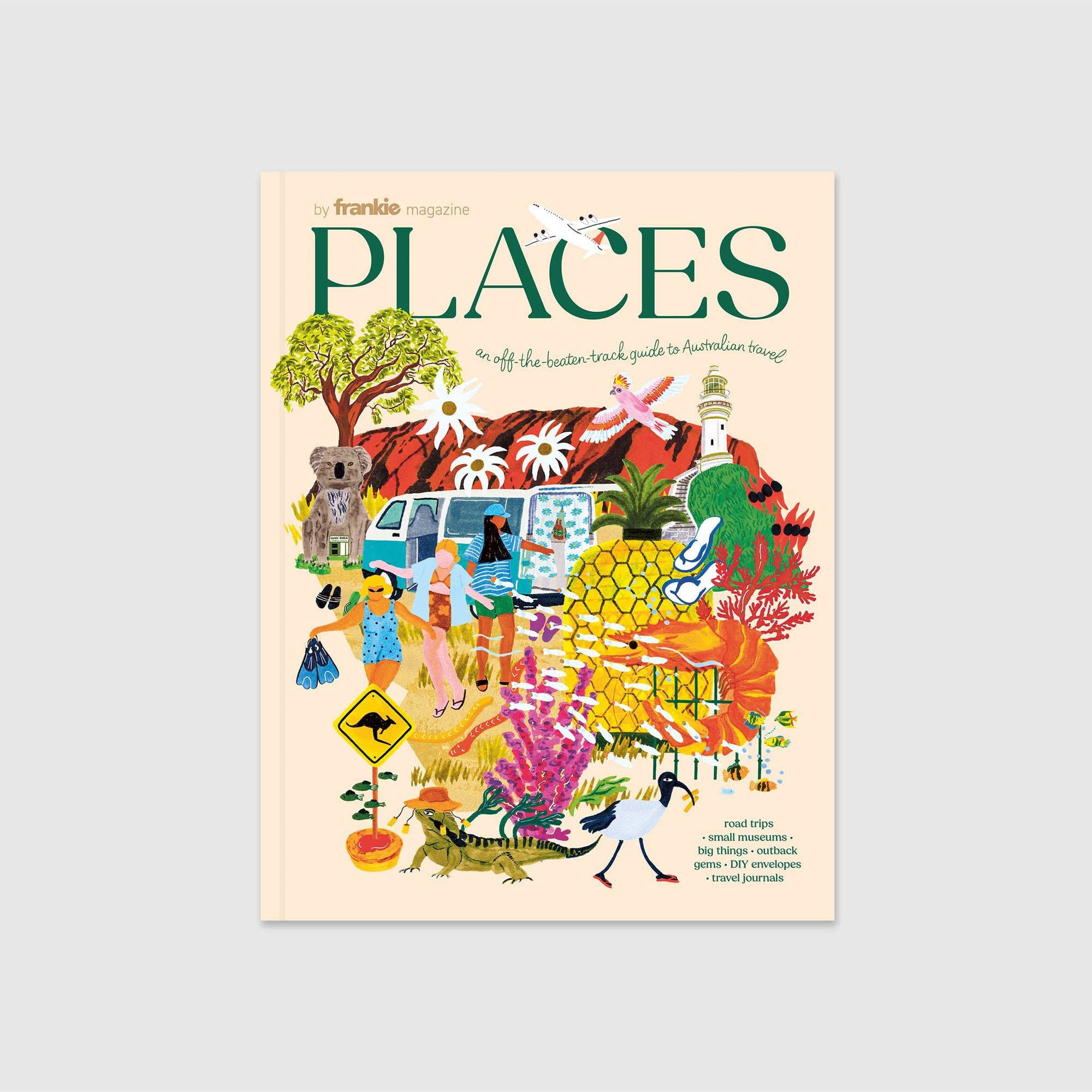 Magazine cover titled 'PLACES' with colorful illustrations on a beige background