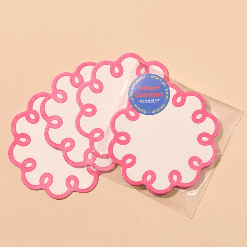 AND HERE WE ARE COQUETTE SCALLOPED VELLUM COASTERS 4PC: PINK