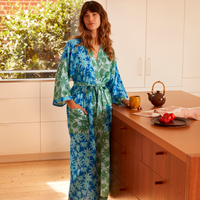 BONNIE AND NEIL FLANNEL FLOWER ROBE: BLUE GREEN