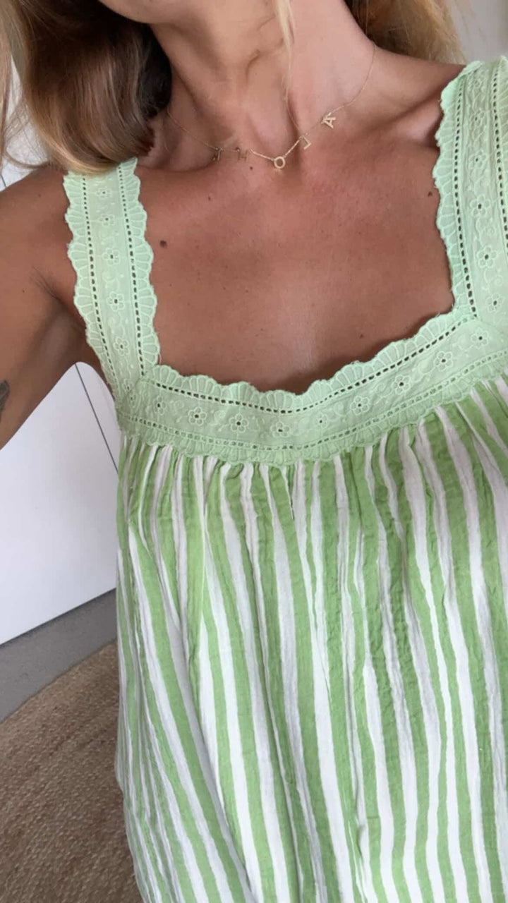 ALAKAI JUNO LACE NECK MINI DRESS: EMERALD STRIPE 8