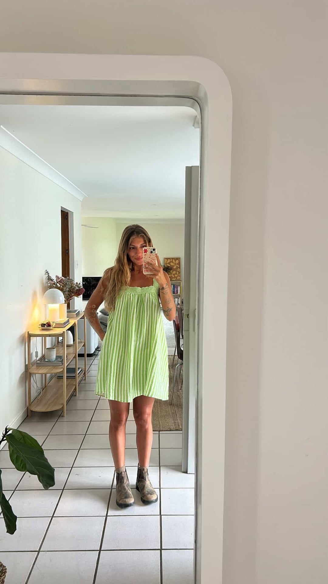 ALAKAI JUNO LACE NECK MINI DRESS: EMERALD STRIPE 9