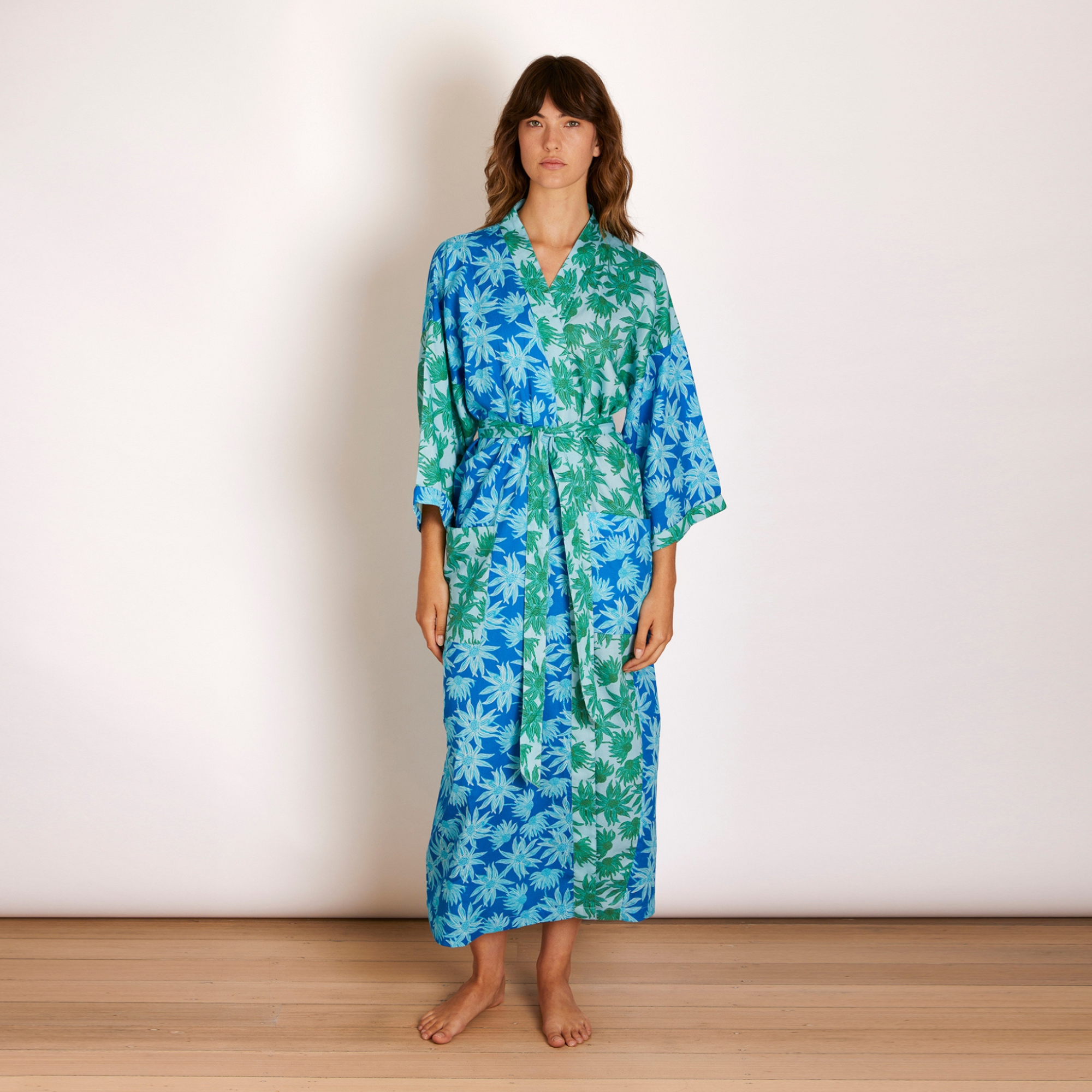 BONNIE AND NEIL FLANNEL FLOWER ROBE: BLUE GREEN