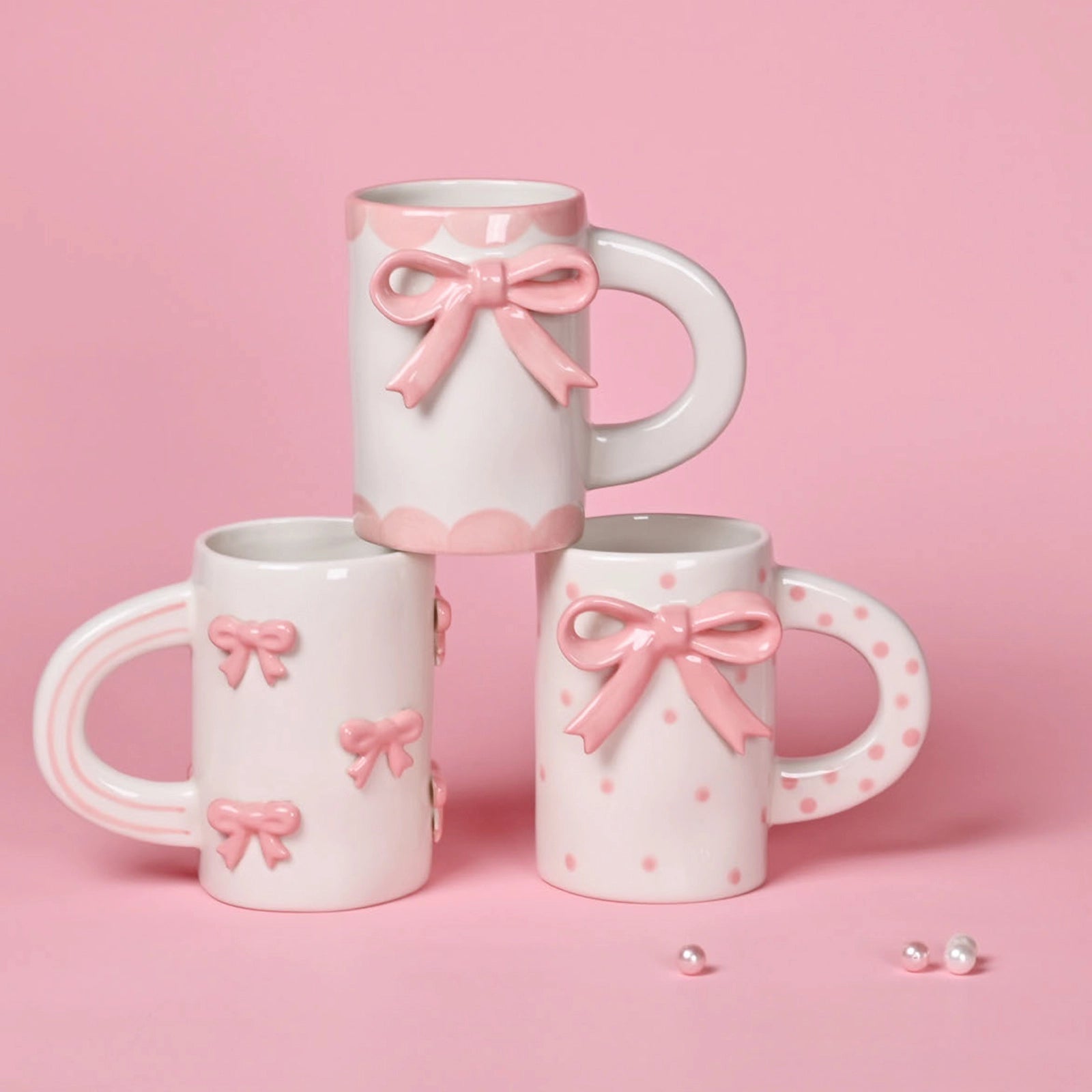 CHAGOART CERAMIC HANDMADE COFFEE MUG: LARGE PINK BOW POLKADOT