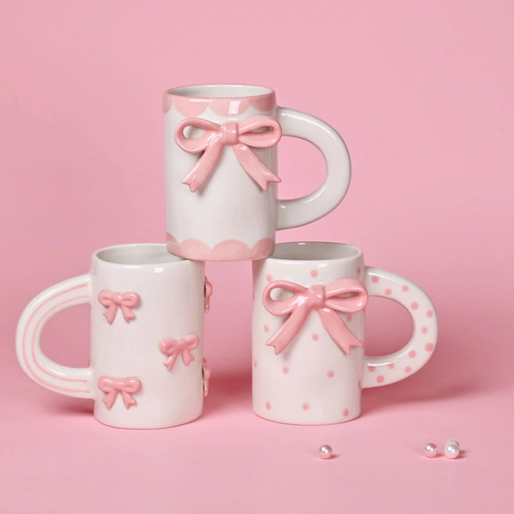 CHAGOART CERAMIC HANDMADE COFFEE MUG: LARGE PINK BOW POLKADOT