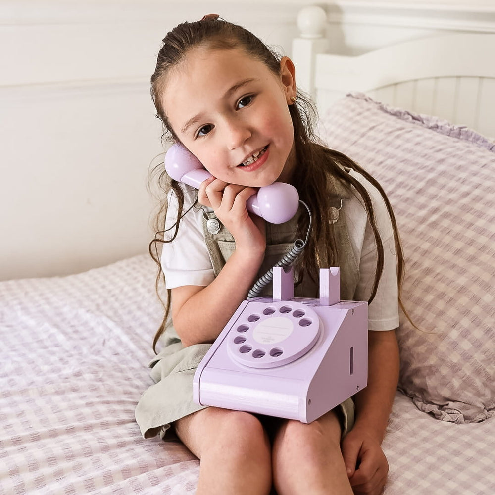 IMAGINE THAT WOODEN ROTARY TELEPHONE, LAVENDER