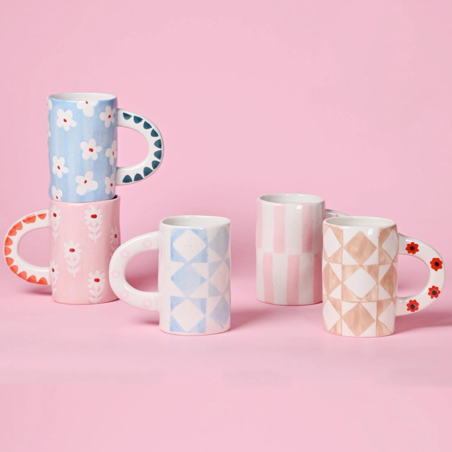 CHAGOART CERAMIC HANDMADE COFFEE MUG: FLORAL PINK STRIPE