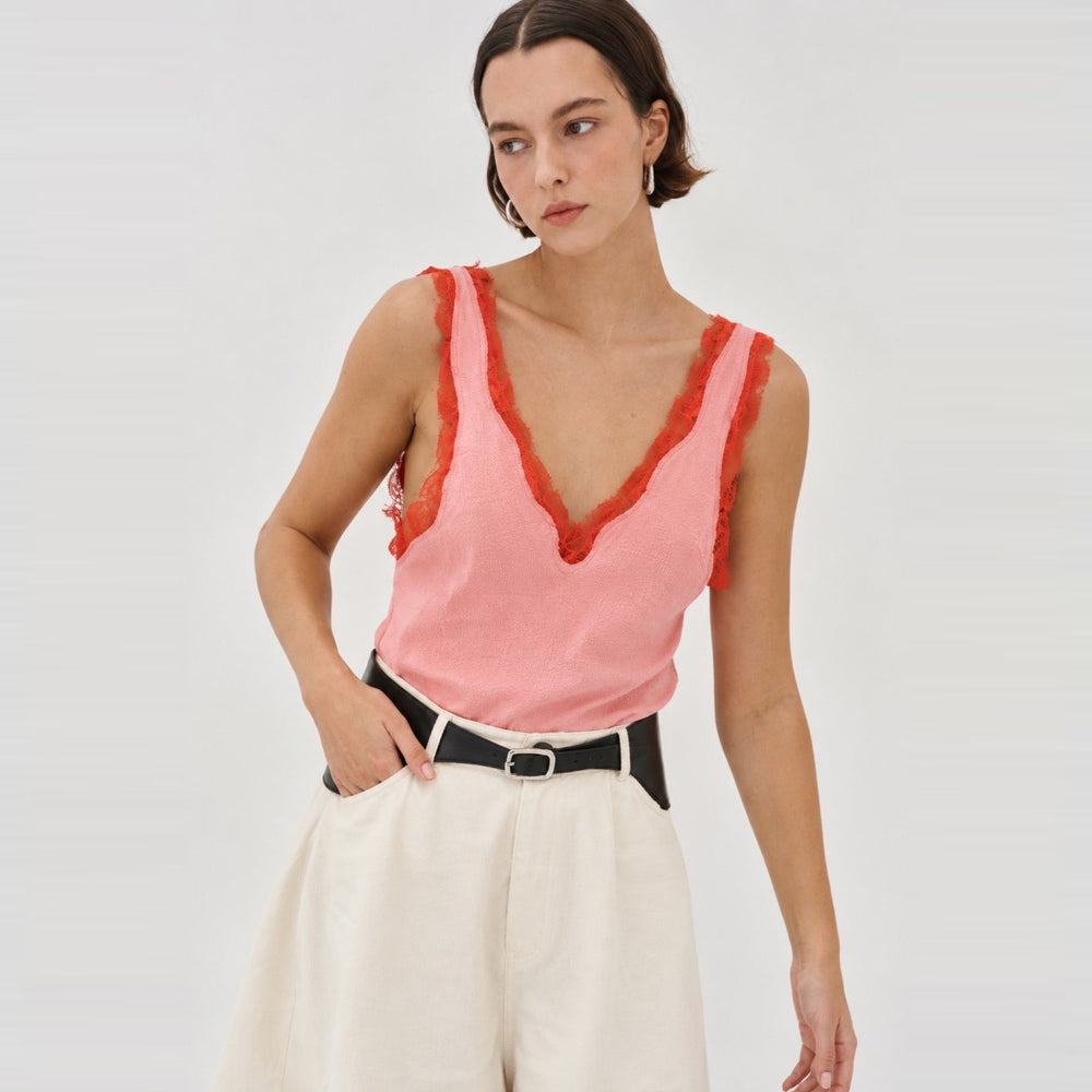 Blanca Vesper Tank in Pink, close up of the lace trim
