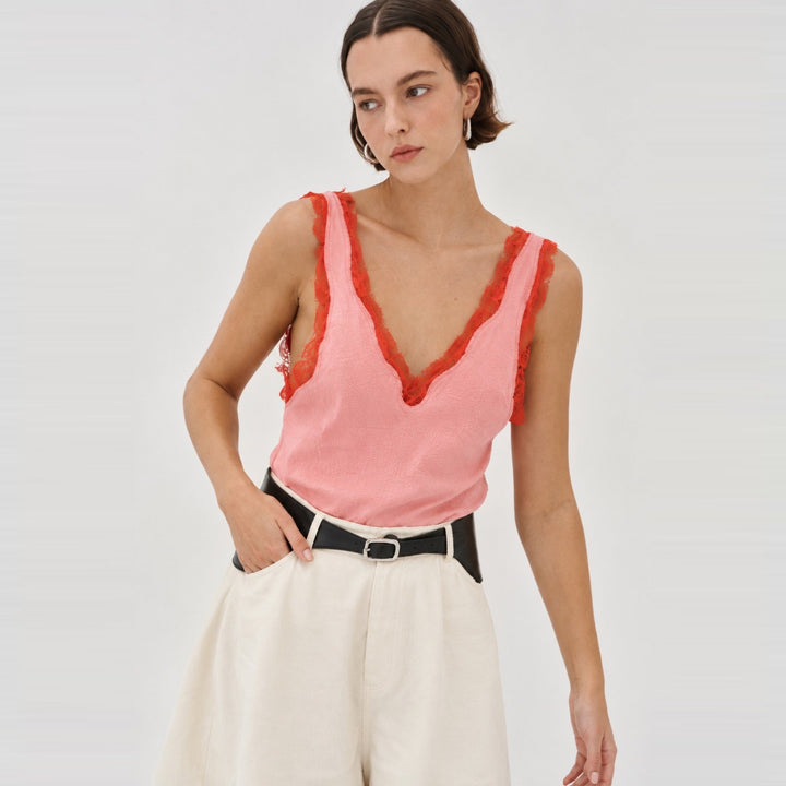 Blanca Vesper Tank in Pink, close up of the lace trim