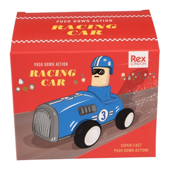 REX LONDON PUSH DOWN ACTION RACING CAR, BLUE